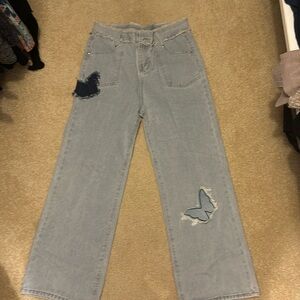 Womens Butterfly Print Wide Leg Jeans High Waisted Girls Fashion Baggy Jeans